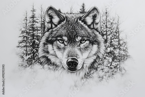 Realistic wolf tattoo framed by a wintry forest landscape, ideal for large tattoo areas photo