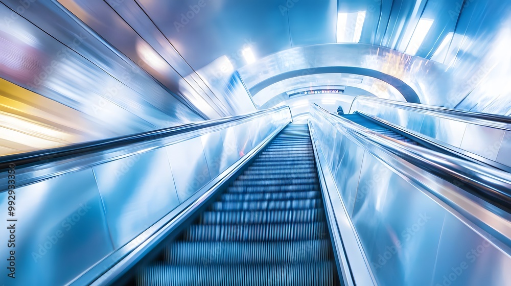 Fototapeta premium blurred background metro escalator / light blue background movement city infrastructure subway.