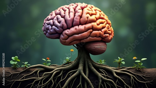 A powerful visual of a brain intertwined with tree roots, symbolizing deep mental strength, growth, and resilience. Perfect for concepts of intellect, nature, and personal development. photo