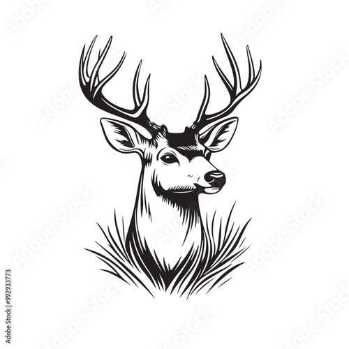 Deer head  logo concept black and white color hand drawn illustration.