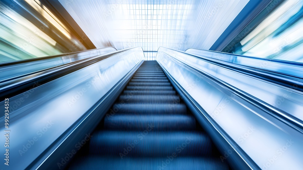 blurred background metro escalator / light blue background movement city infrastructure subway. blurred background metro escalator / light blue background movement city infrastructure subway.