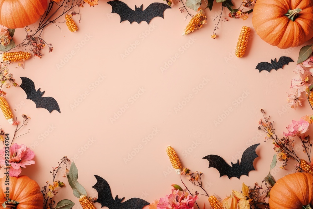 Fototapeta premium autumn , Halloween backdrop with decoration and pumpkins on beige background. festive card, flyer, invitation concept, seasonal celebration. copy space.