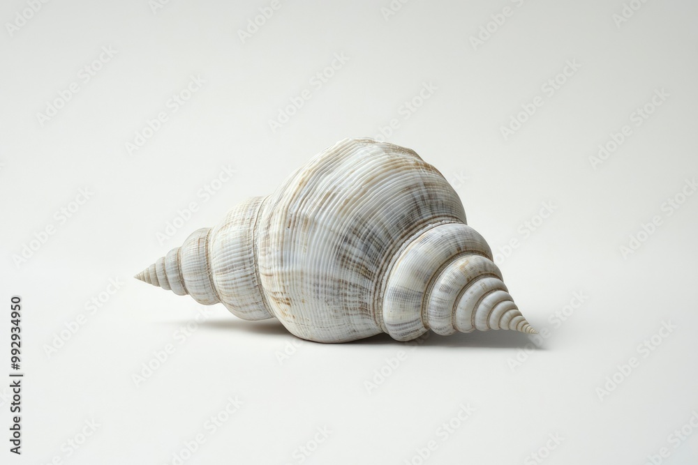 White Seashell with Brown Stripes on a White Background White Seashell with Brown Stripes on a White Background
