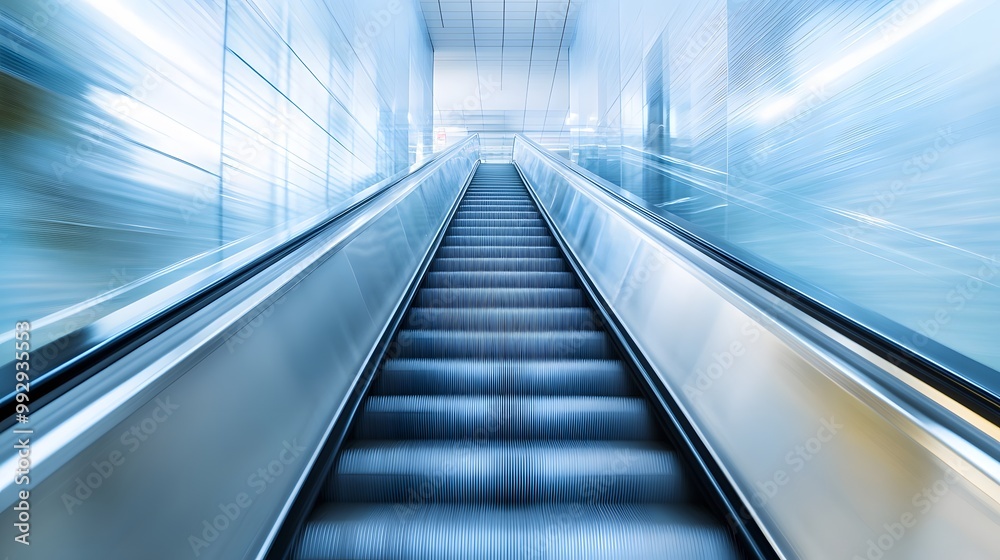 blurred background metro escalator / light blue background movement city infrastructure subway. 