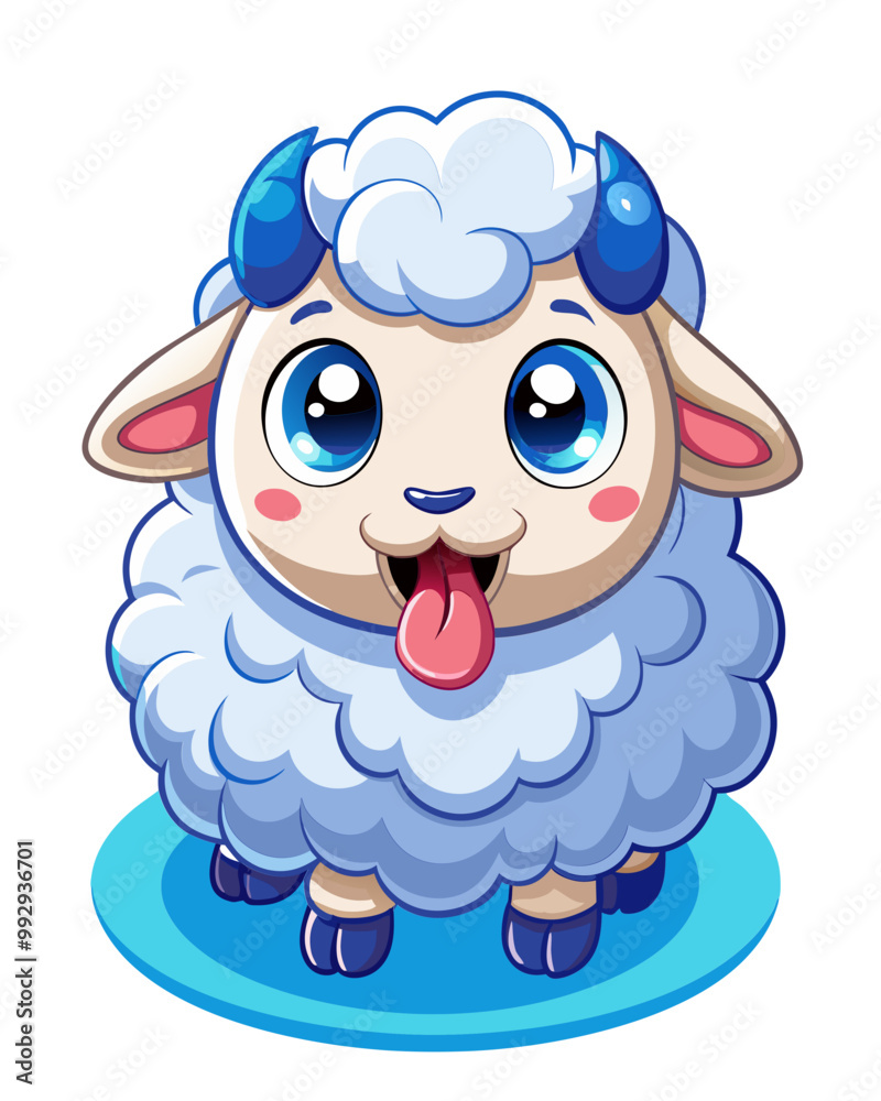 Cute cartoon sheep, fluffy white wool, big blue eyes, playful expression, lamb sitting on top of another sheep Cute cartoon sheep, fluffy white wool, big blue eyes, playful expression, lamb sitting on top of another sheep