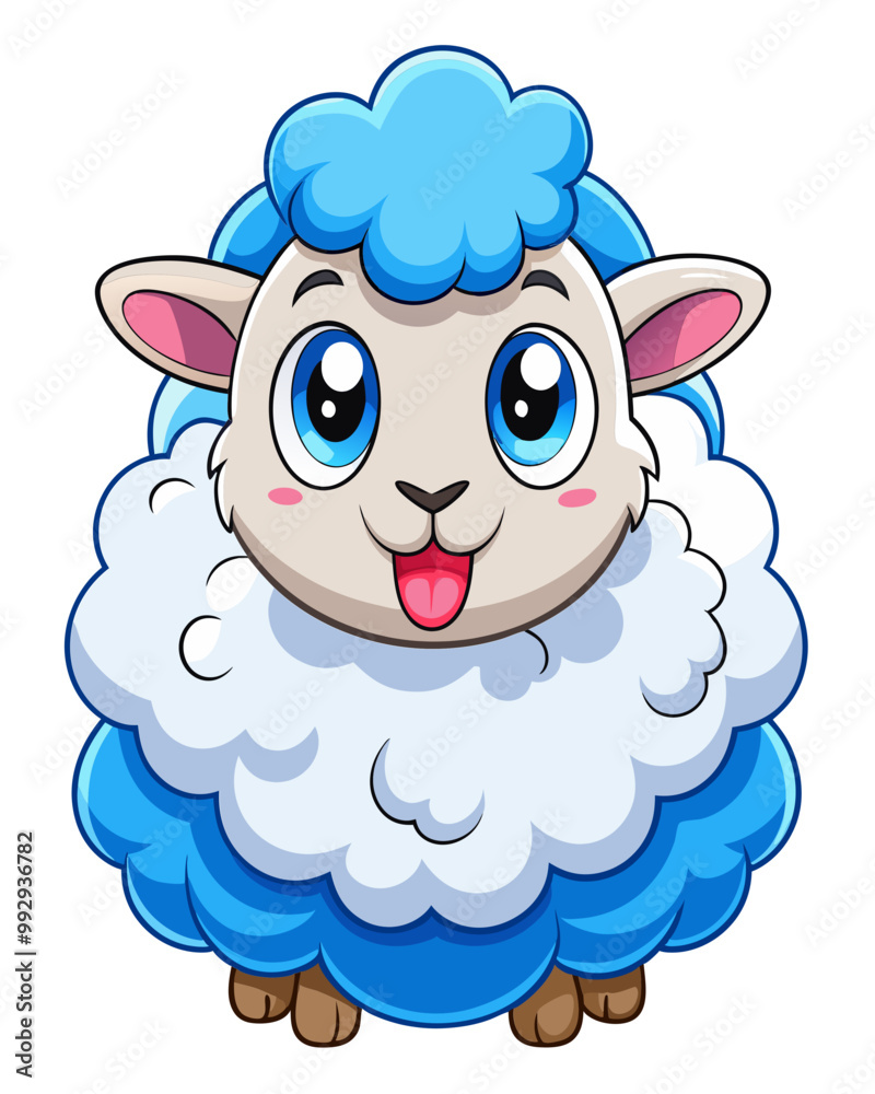 Cute cartoon sheep, fluffy white wool, big blue eyes, playful expression, lamb sitting on top of another sheep Cute cartoon sheep, fluffy white wool, big blue eyes, playful expression, lamb sitting on top of another sheep
