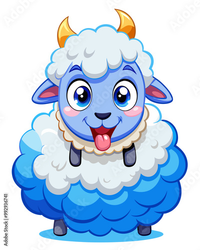 Cute cartoon sheep, fluffy white wool, big blue eyes, playful expression, lamb sitting on top of another sheep