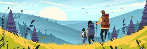 Family hiking adventure scenic mountain view. Three people with backpacks hiking on a grassy hill overlooking a valley with mountains trees and birds under a bright sky. Banner design