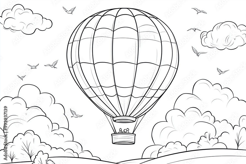 Obraz premium Simple coloring page of a hot air balloon in the sky, ideal for kids to color and have fun