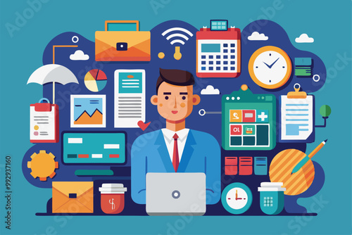 An individual in a suit works on a laptop surrounded by various office management tools and icons, Customizable flat illustration for office management.