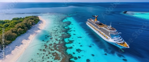 Grand cruise ship anchored near a serene Maldives beach, surrounded by bright blue waters and colorful coral reefs. photo