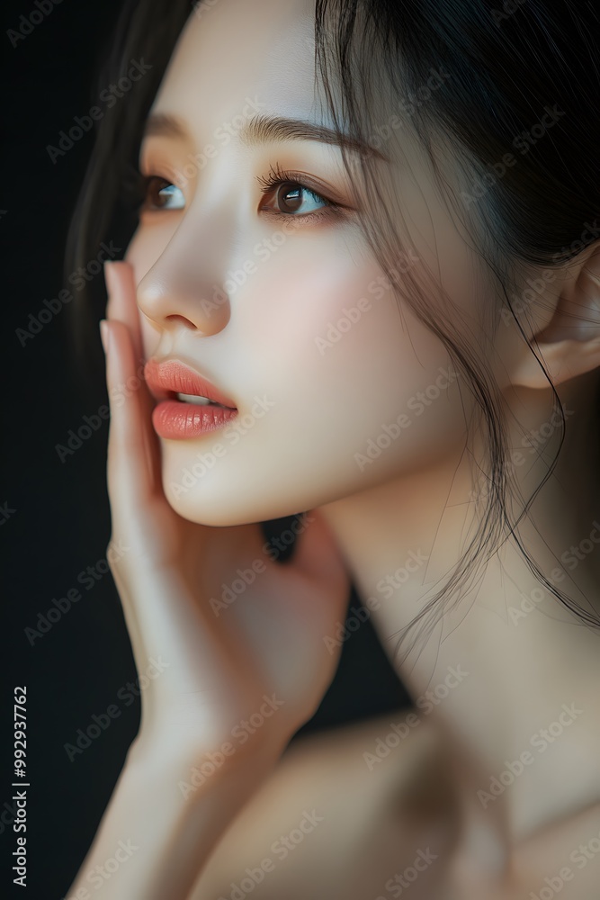 Fototapeta premium Elegant Asian Woman with Hand Near Cheek