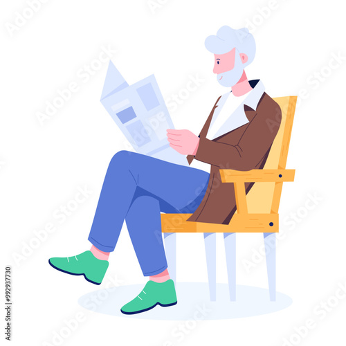 Old man reading newspaper flat illustration 