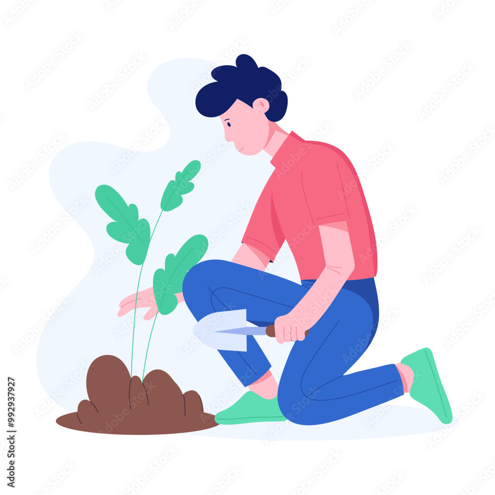 Boy planting a tree flat illustration Boy planting a tree flat illustration