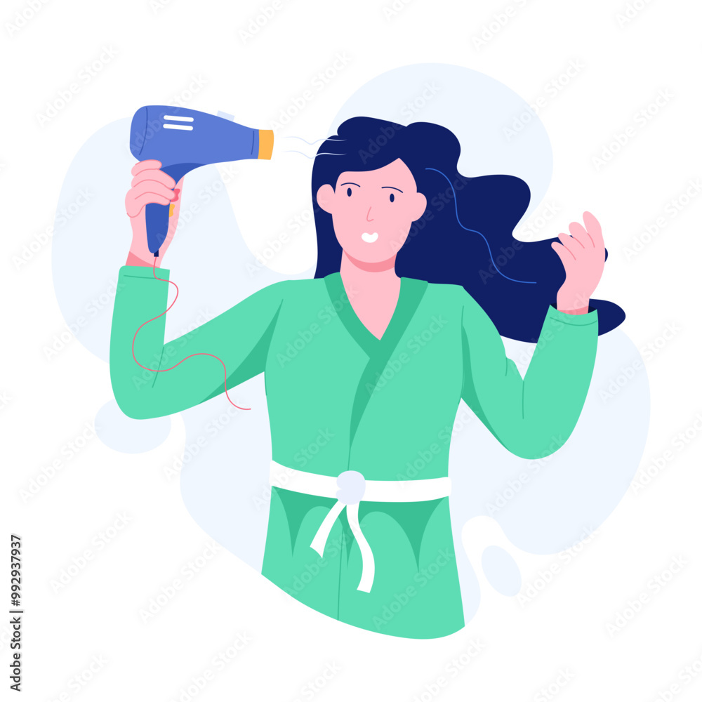 A flat character illustration depicting girl hair drying A flat character illustration depicting girl hair drying