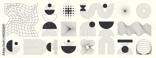 Hand drawn abstract minimal element mid century vector set. Aesthetic contemporary stripe line art, geometric shape in monochrome. Art form design for wall art, decoration, wallpaper.