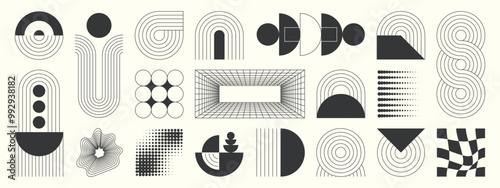 Hand drawn abstract minimal element mid century vector set. Aesthetic contemporary stripe line art, geometric shape in monochrome. Art form design for wall art, decoration, wallpaper.