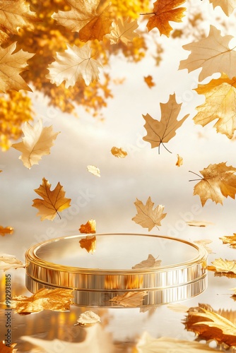 Elegant Gold Podium with Mirrored Surface in Autumn Setting