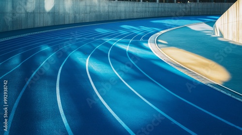 Curved blue running track in empty outdoor stadium with sunlight and shadows, perfect for sports, athletics, and fitness imagery.