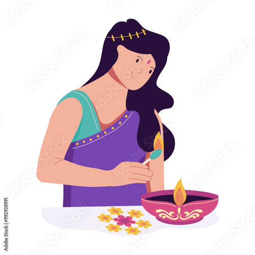 A woman burning lamp, flat illustration 