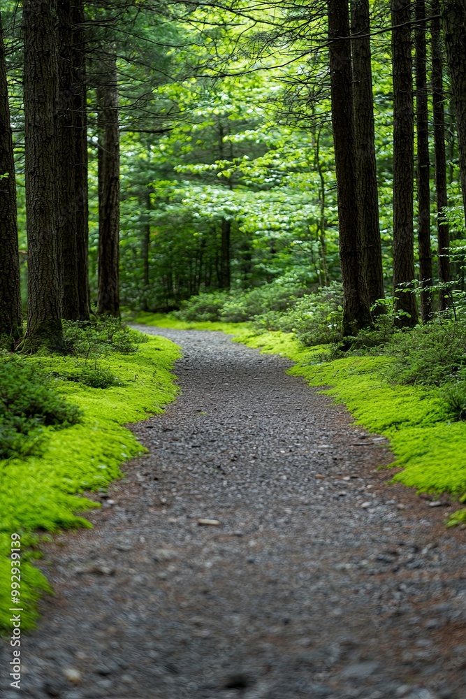 A Quiet Nature Trail Lined With Tall Trees And Soft Moss. The Serene Setting Promotes Mindfulness And Connection A Quiet Nature Trail Lined With Tall Trees And Soft Moss. The Serene Setting Promotes Mindfulness And Connection