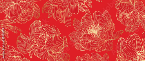 Chinese new year luxury pattern background vector. Oriental peony flower gold line art texture on red background. Design illustration for wallpaper, card, poster, packaging, advertising.