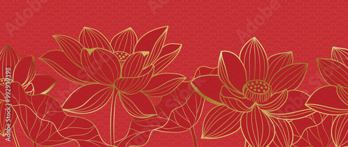 Chinese new year luxury pattern background vector. Oriental lotus flower gold line art texture on red background. Design illustration for wallpaper, card, poster, packaging, advertising.