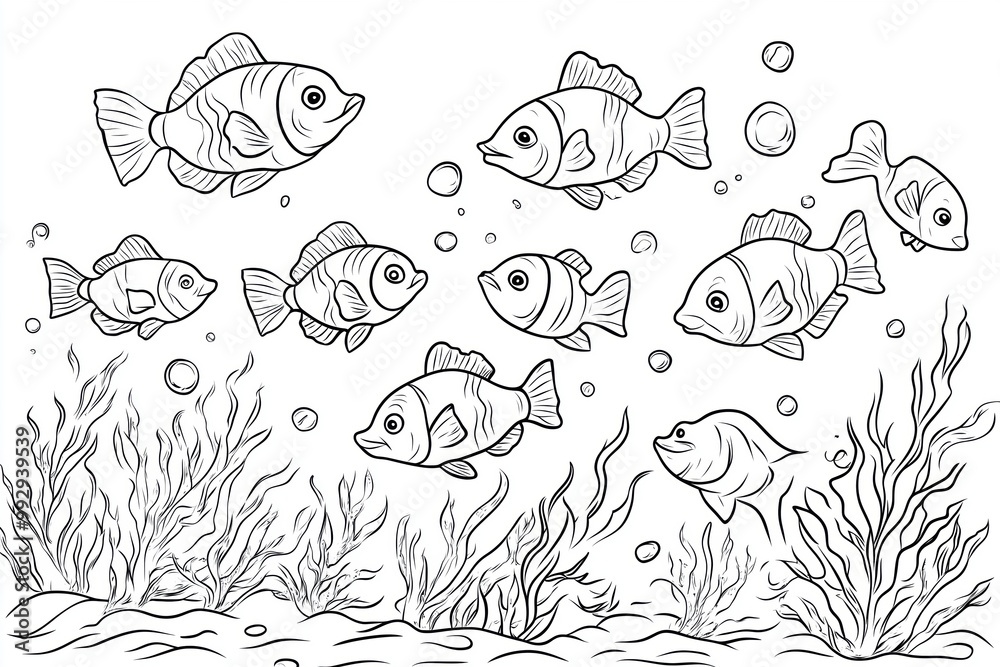 Obraz premium Playful school of fish in the sea, surrounded by coral and plants, perfect for creative kids