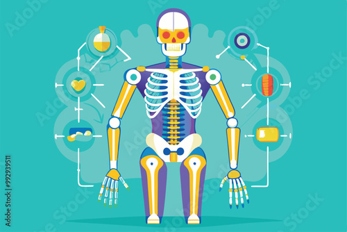 Detailed illustration of a skeleton with emphasis on orthopedic aspects and body mechanics, Customizable orthopedic illustration with disproportionate features.