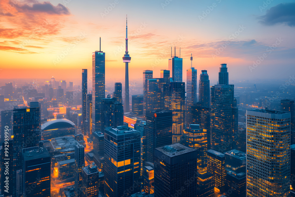 Hong Kong skyline at sunset, a vibrant cityscape with towering skyscrapers and bustling urban life