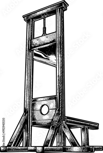 A detailed vintage black and white vector illustration of a guillotine. Perfect for t-shirt designs and other creative projects, offering a bold and historical aesthetic with a dark, edgy vibe.