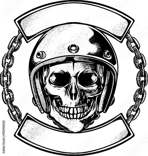 A detailed vector illustration of a skull wearing a helmet with a chain wrapped around it. Perfect for motorcycle emblems or logos, and also great for biker club t-shirts, giving a tough and bold look photo