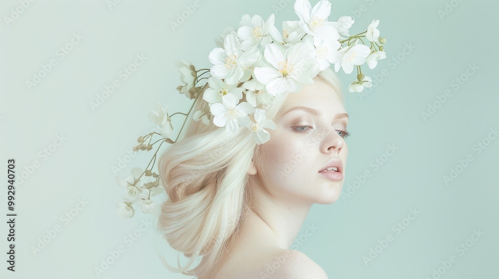 Fototapeta premium Blonde girl with flowers in her hair on a light background 