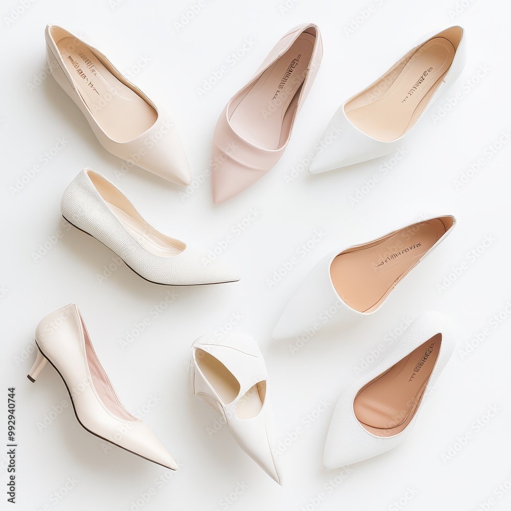 Elegant collection of women's white and beige high heel shoes arranged in a circle. Perfect for fashion and footwear design themes.