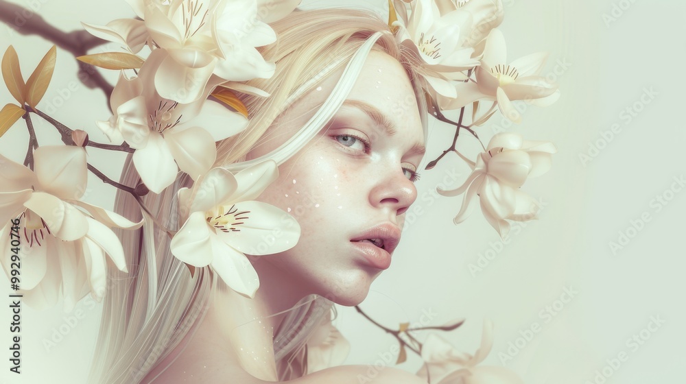Blonde girl with flowers in her hair on a light background
Blonde girl with flowers in her hair on a light background