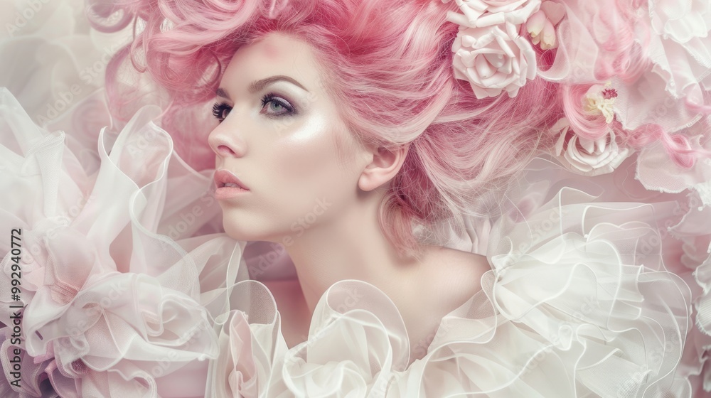 Girl with pink hair and flowers in her hair on a light background
Girl with pink hair and flowers in her hair on a light background
