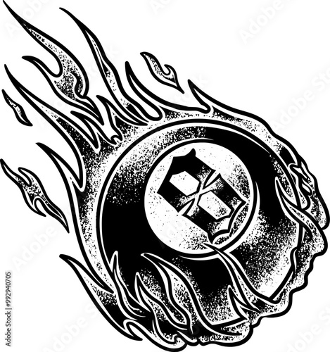 A dynamic vector illustration of an 8-ball with flames surrounding it. Perfect for t-shirt designs, emblems, or logos, giving a bold and energetic look with a classic billiards theme photo