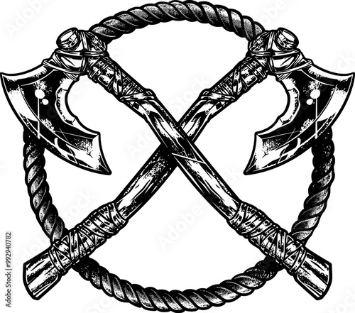 A bold vintage vector illustration of crossed axes in black and white. Ideal for t-shirt designs and logos, representing strength, craftsmanship,  a rugged, timeless style. Perfect for creating logo
