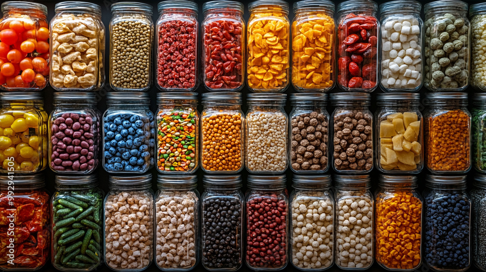 Colorful jars filled with a variety of grains, legumes, and nuts arranged in an attractive manner for healthy cooking options. Colorful jars filled with a variety of grains, legumes, and nuts arranged in an attractive manner for healthy cooking options.