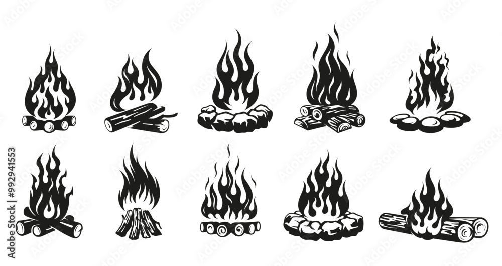 Campfire black monochrome set wood stone fireplace flame with firewood isometric vector Campfire black monochrome set wood stone fireplace flame with firewood isometric vector