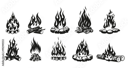 Campfire black monochrome set wood stone fireplace flame with firewood isometric vector