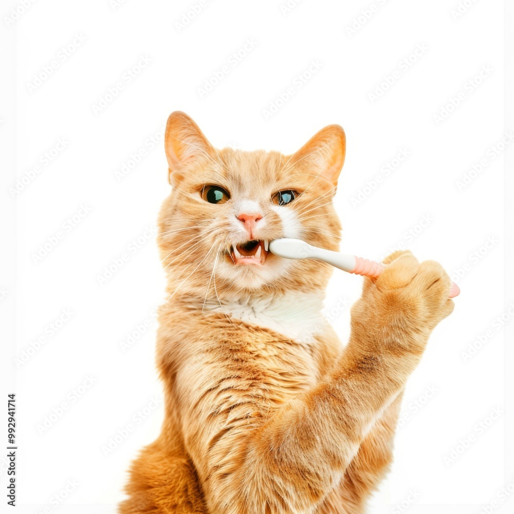 A ginger cat brushes its teeth with a toothbrush A ginger cat brushes its teeth with a toothbrush