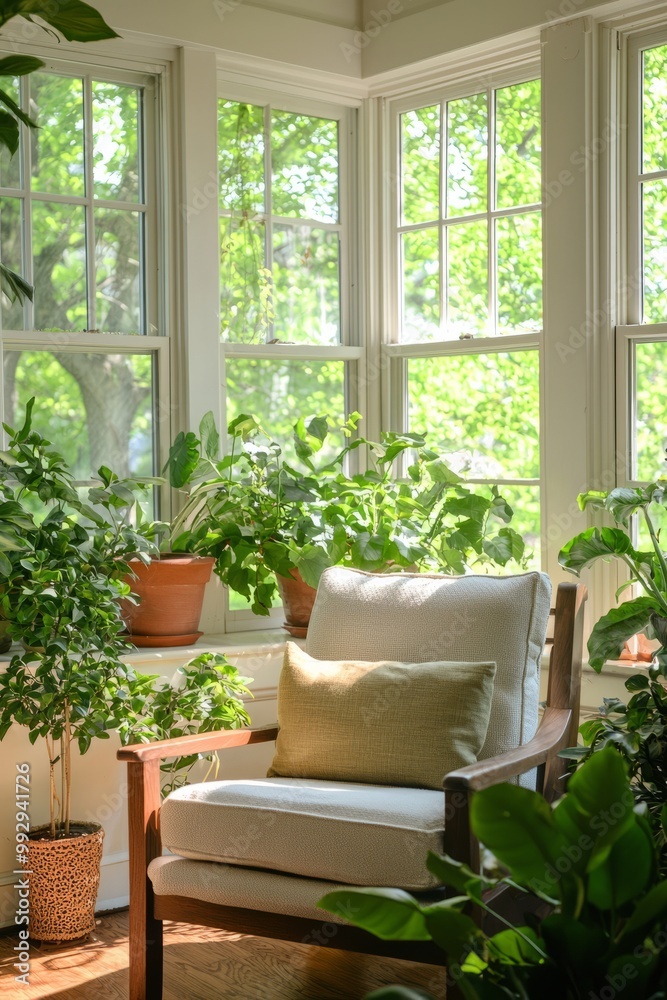 A Quiet Room With Large Windows Letting In Natural Light, Filled With Houseplants. The Fresh Air And Greenery A Quiet Room With Large Windows Letting In Natural Light, Filled With Houseplants. The Fresh Air And Greenery