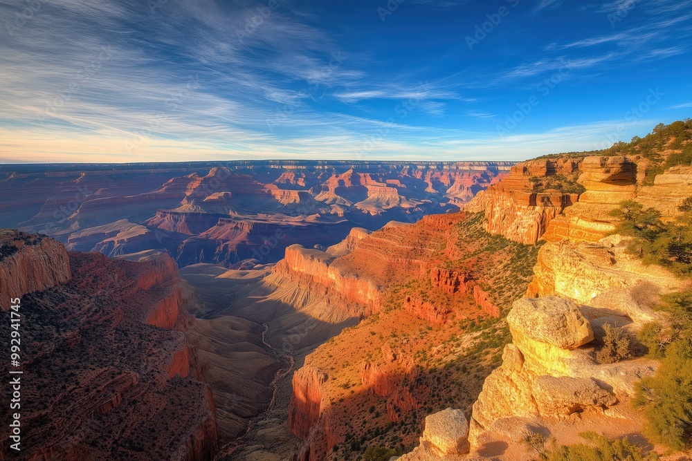 Vast canyon at sunrise, with the light bathing the landscape in deep, rich colors Vast canyon at sunrise, with the light bathing the landscape in deep, rich colors