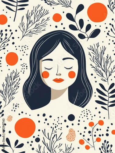 Wallpaper Mural A woman's face surrounded by orange circles and black branches Torontodigital.ca