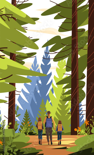 Family hiking in forest nature scene colorful trees father and two children walking on a trail lush greenery outdoor adventure