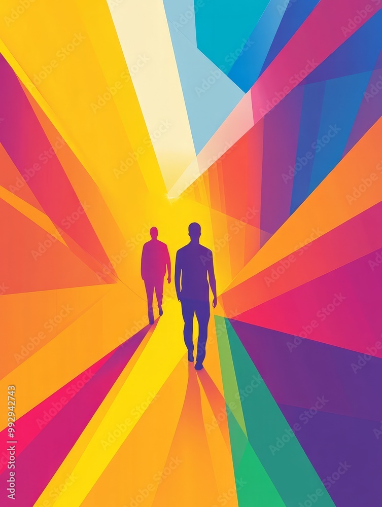 Two Silhouettes Walking Towards a Vibrant Future: A minimalist and modern graphic depicts two figures walking into a radiant, multicolored cityscape, symbolizing progress, ambition. Two Silhouettes Walking Towards a Vibrant Future: A minimalist and modern graphic depicts two figures walking into a radiant, multicolored cityscape, symbolizing progress, ambition.