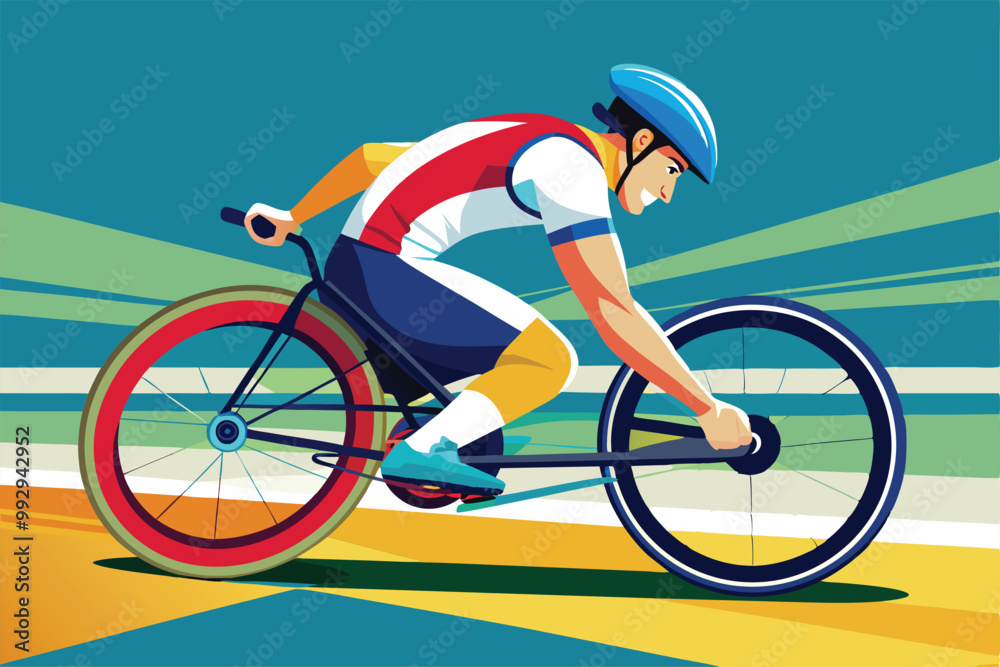 Fototapeta premium A cyclist races forward, capturing the spirit of paralympic competition in a colorful and energetic design, Customizable Paralympic cycling illustration