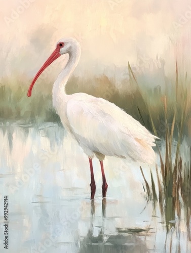 Serene painting of a white ibis standing in calm water surrounded by tall reeds, with soft, natural pastel tones in the background.