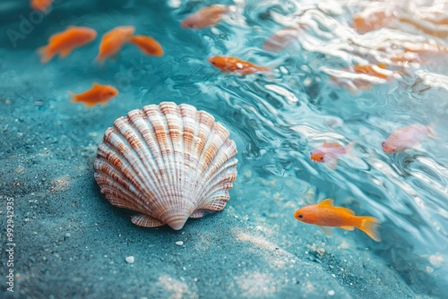 A Scalloped Seashell Rests on a Sandy Seabed with Fish Swimming Overhead